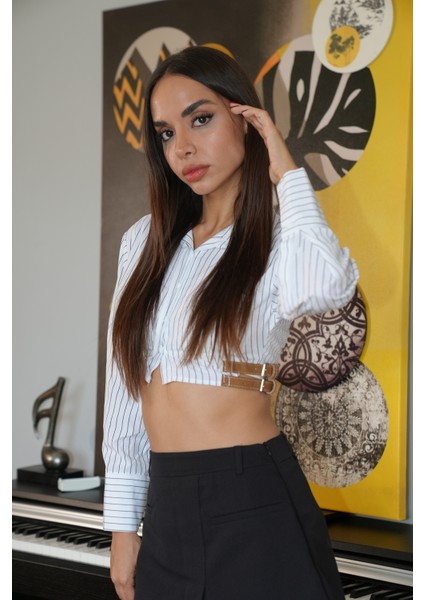 Siyah Beyaz Çizgili Crop Gömlek