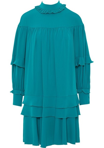 Fırfır Detaylı Dik Yaka Elbise