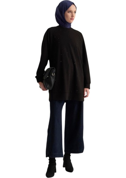 Kadın Önü Taş Işlemeli Tunik Siyah 25KT449
