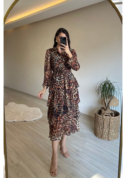 Kadın Leopar Desenli Kat Kat Volanlı Şifon Elbise NM014 fiyatları