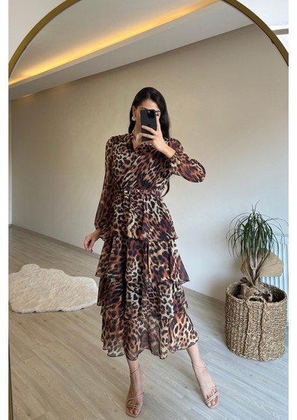 Kadın Leopar Desenli Kat Kat Volanlı Şifon Elbise NM014 modelleri