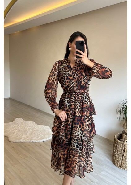 Kadın Leopar Desenli Kat Kat Volanlı Şifon Elbise NM014 fırsatları