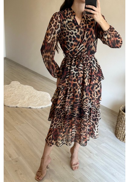 Kadın Leopar Desenli Kat Kat Volanlı Şifon Elbise NM014 indirimleri