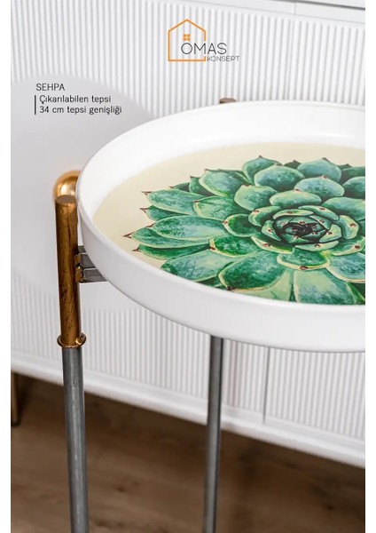 Cemile Beyaz Tepsili 75 cm Katlanılabilir Ayaklı Sehpa,tepsili Metal Zigon Yan Sehpa,dekoratif Sehpa