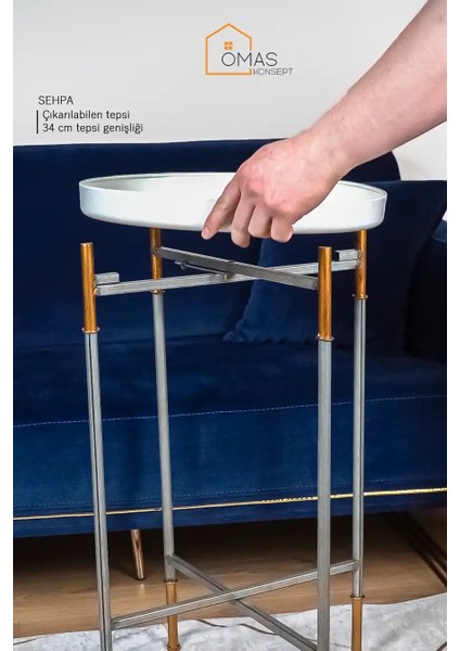 Cemile Beyaz Tepsili 75 cm Katlanılabilir Ayaklı Sehpa,tepsili Metal Zigon Yan Sehpa,dekoratif Sehpa modelleri