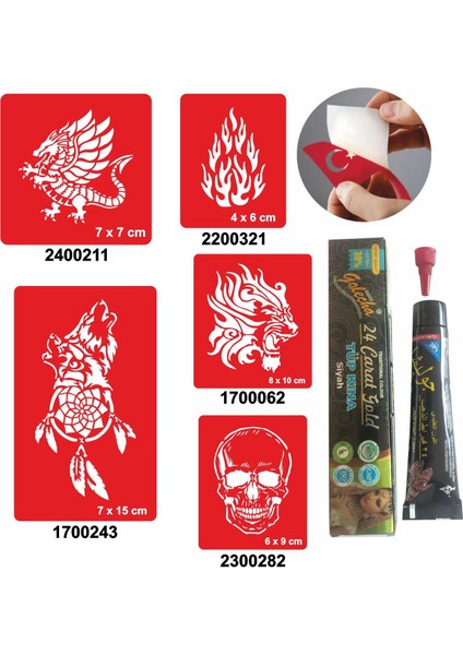 Vahşi Alev Desenleri Hint Kınası ile Geçici Dövme Yapma Seti