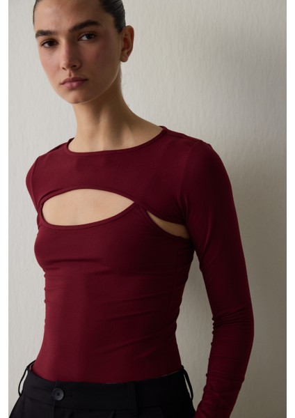 Bordo Bisiklet Yaka Uzun Kollu Pencere Detaylı Bodysuit fiyatları