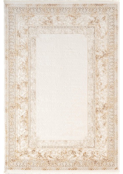 Indigo ID004T Krem Bej Klasik Çerçeveli Desen Akrilik Iplik Tozuaz Pamuk Taban Salon Mutfak Halısı