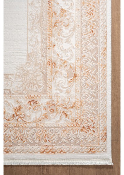 Indigo ID004T Krem Bej Klasik Çerçeveli Desen Akrilik Iplik Tozuaz Pamuk Taban Salon Mutfak Halısı indirimleri