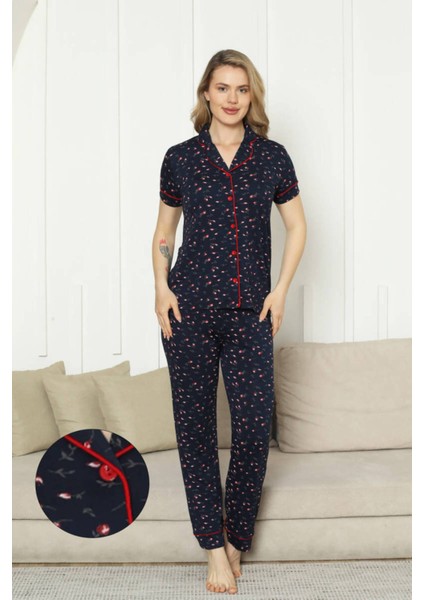 Önden Düğmeli Kadın Pijama Takımı - Laciver Gül Desenli Kısa Kol Likralı Rink Viskon 2862KY