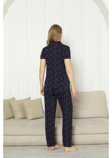 Önden Düğmeli Kadın Pijama Takımı - Laciver Gül Desenli Kısa Kol Likralı Rink Viskon 2862KY indirimleri