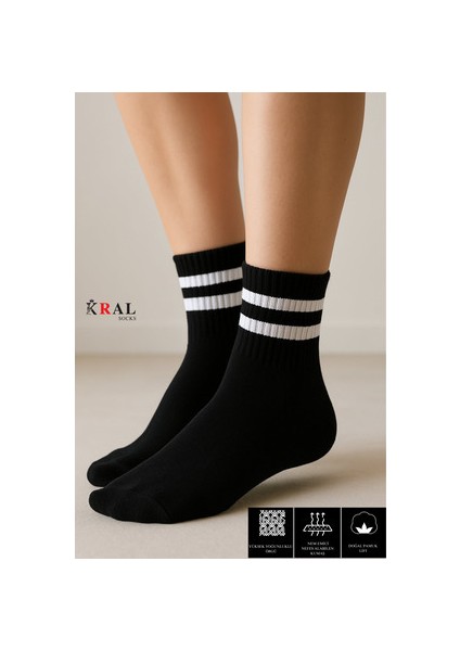 Patik Çorap Pamuklu Terletmez Çizgili Desenli Yazlık 6 Çift Siyah Renk
