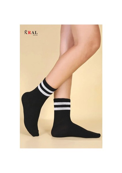 Patik Çorap Pamuklu Terletmez Çizgili Desenli Yazlık 6 Çift Siyah Renk