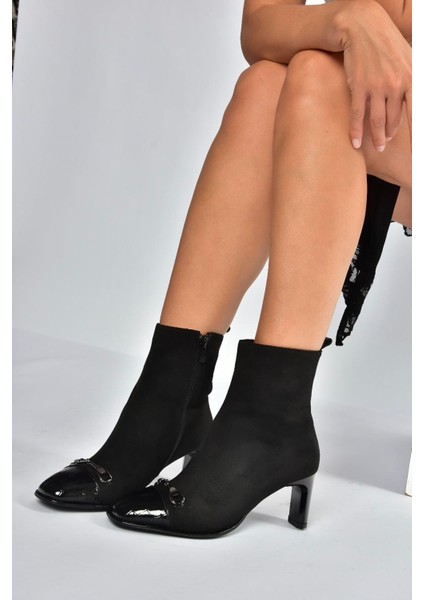 V820284602 Siyah Süet Kalın Topuklu Kadın Bot fiyatları