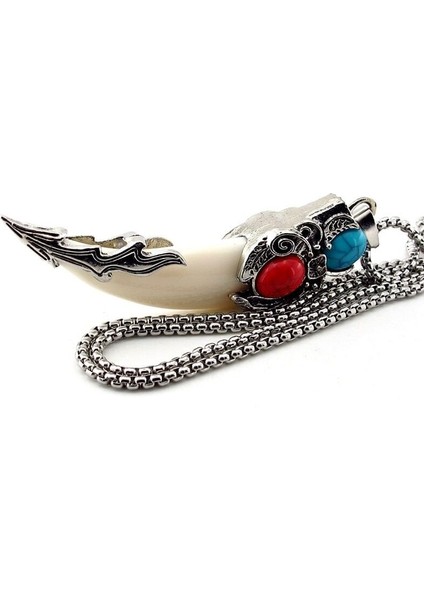 Beyaz Kurt Dişi Mavi Kırmızı Nordik Viking Çelik Zincirli Metal Erkek Kolye Q0986 fırsatları