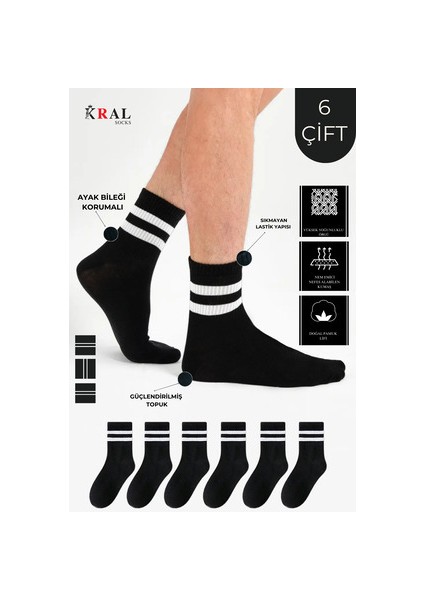 Patik Çorap Pamuklu Terletmez Çizgili Desenli Yazlık 6 Çift Siyah Renk