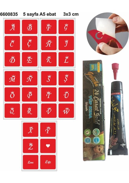 Taçlı Harfler Hint Kınası ile Geçici Dövme Yapma Seti