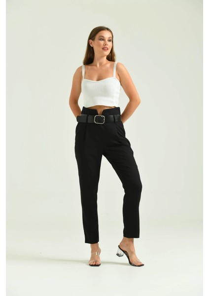 Kadın Pantolon Yüksel Bel Kemer Detay Havuç Pantolon Siyah - T016 indirimleri