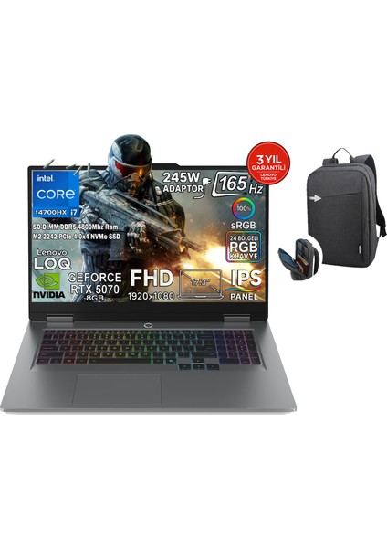 Loq 17IRX10 Intel Core I7 14700HX 24GB 1tb SSD Rtx 5070 8gb (115W) 17,3" Fhd 165Hz IPS Panel Freedos Taşınabilir Bilgisayar 83JH006HTR + B210 Siyah Çanta Hediyeli