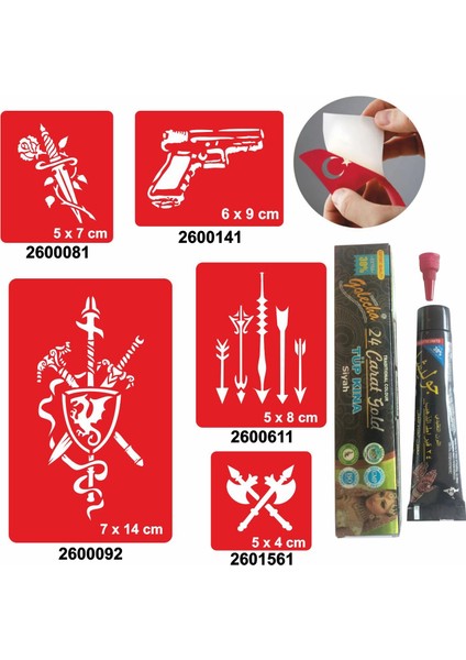 Savaş Aletleri Desenleri Hint Kınası ile Geçici Dövme Yapma Seti