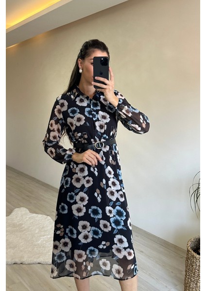 Kadın Desenli Gömlek Yaka Midi Elbise NM011 modelleri