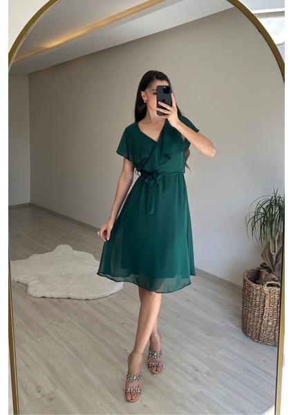 Kadın V Yaka Kuşaklı Mini Şifon Elbise NM007 fiyatları