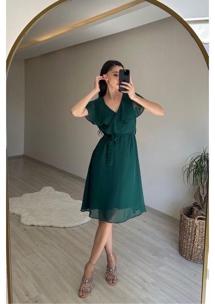 Kadın V Yaka Kuşaklı Mini Şifon Elbise NM007 modelleri