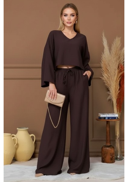 Kadın Kahverengi V Yaka Rahat Kesim Gömlek Beli Lastikli Pantolon Rahat Kesim Takım, Kadın Takım