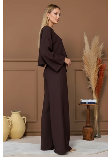 Kadın Kahverengi V Yaka Rahat Kesim Gömlek Beli Lastikli Pantolon Rahat Kesim Takım, Kadın Takım fiyatları