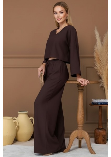 Kadın Kahverengi V Yaka Rahat Kesim Gömlek Beli Lastikli Pantolon Rahat Kesim Takım, Kadın Takım modelleri