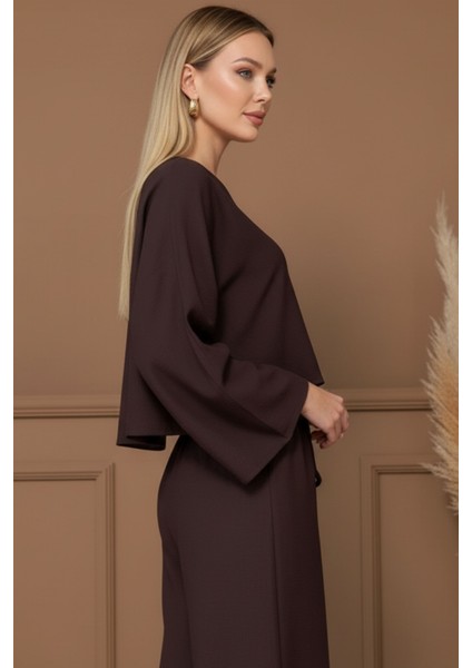 Kadın Kahverengi V Yaka Rahat Kesim Gömlek Beli Lastikli Pantolon Rahat Kesim Takım, Kadın Takım indirimleri