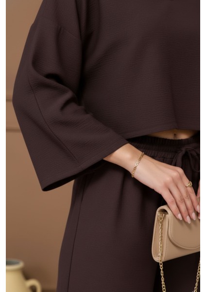 Kadın Kahverengi V Yaka Rahat Kesim Gömlek Beli Lastikli Pantolon Rahat Kesim Takım, Kadın Takım