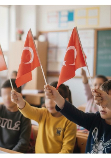 5 Adet 30X45 cm Sopalı Türk Bayrağı - Raşel Kumaş Pigment Baskı