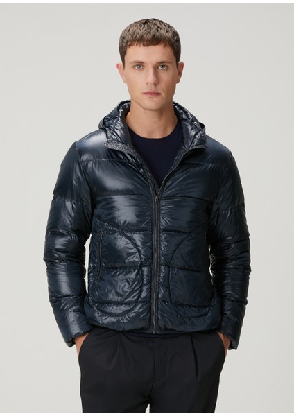 Lacivert Kapüşonlu Puff Mont