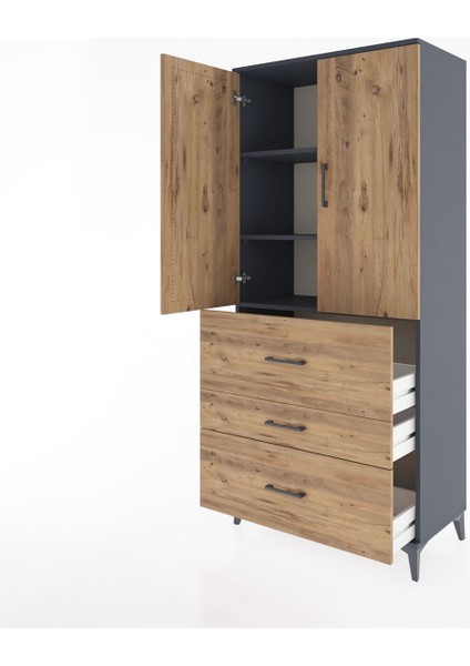 Hyperion Dolap 3 Raflı 3 Çekmeceli 2 Kapaklı 88X44X195 Antrasit-Çam fırsatları