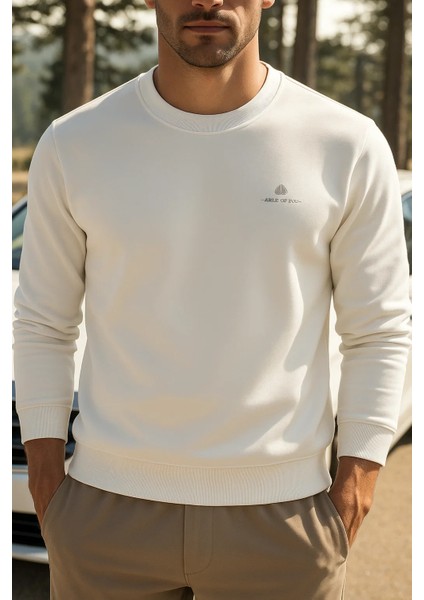 Erkek Mevsimlik Salaş Uzun Kol Beyaz Sweatshirt