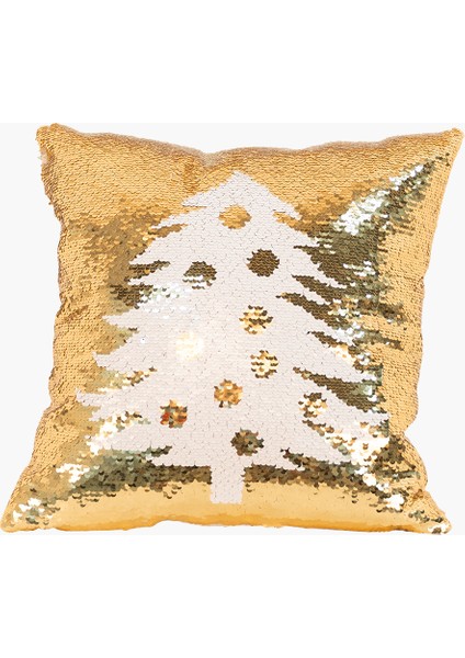 Altın, Beyaz Payetli Çam Ağac Motifli Yastık 40CM