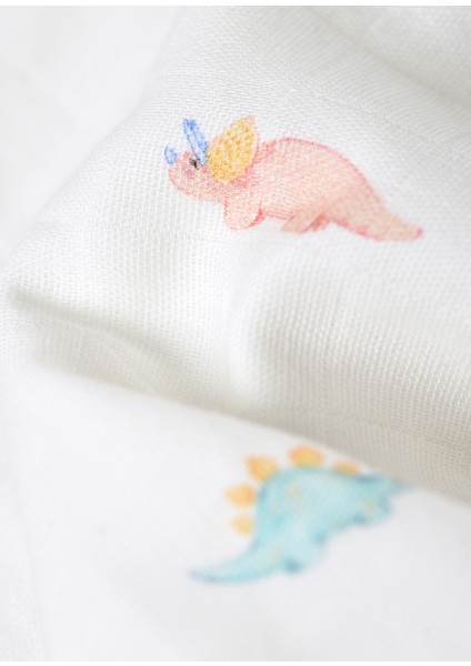 Dino Organik Pamuk Biyeli Çift Taraflı Unisex Bebek Müslin Battaniye