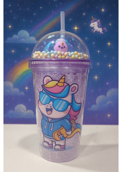 Renkli Boncuklu Unicorn Tasarımlı Pipetli Içecek Bardağı çocuklar Için Sevimli Suluk mor 2646