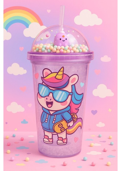 Renkli Boncuklu Unicorn Tasarımlı Pipetli Içecek Bardağı çocuklar Için Sevimli Suluk mor 2646 modelleri