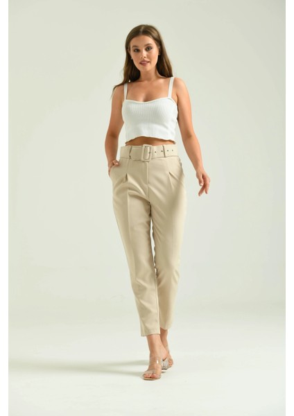 Kadın Pantolon Kemer Detaylı Basic Kadın Pantolon Bej - T018
