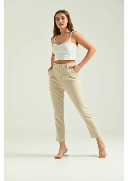 Kadın Pantolon Kemer Detaylı Basic Kadın Pantolon Bej - T018 fiyatları