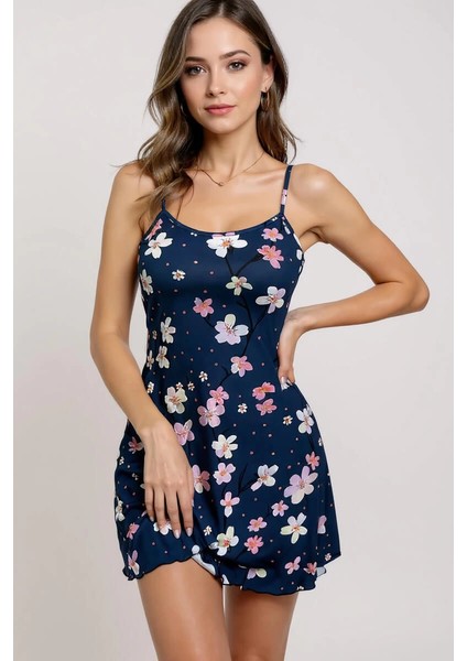 Çiçek Desenli Mavi Askılı Gecelik