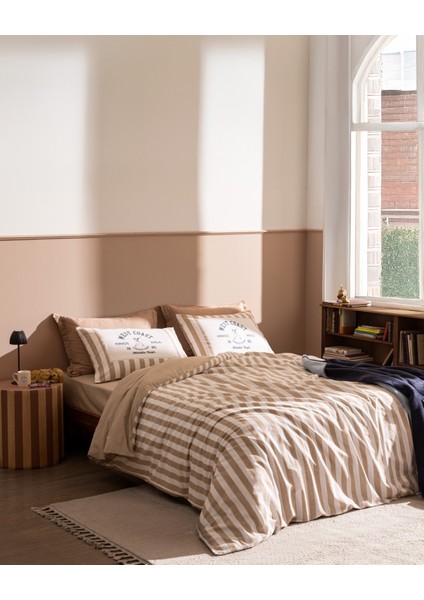 Olivier Çift Kişilik %100 Pamuk Ranforce Baskılı Nevresim Takımı - Bej