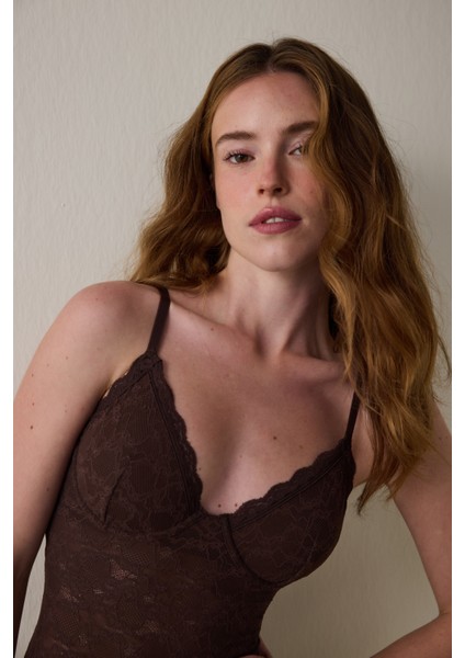 Kahverengi Çiçekli Dantelli Balenli Body modelleri