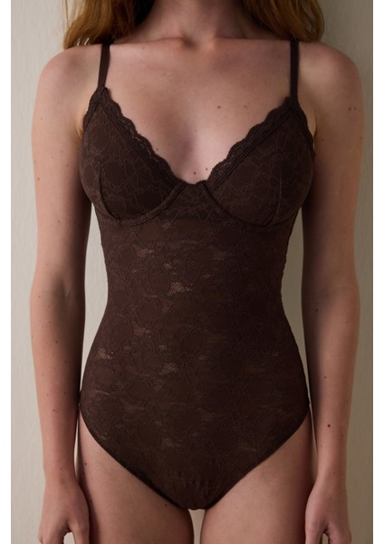 Kahverengi Çiçekli Dantelli Balenli Body indirimleri
