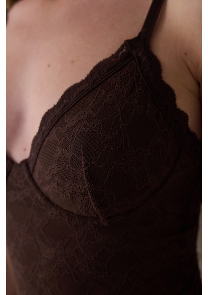 Kahverengi Çiçekli Dantelli Balenli Body