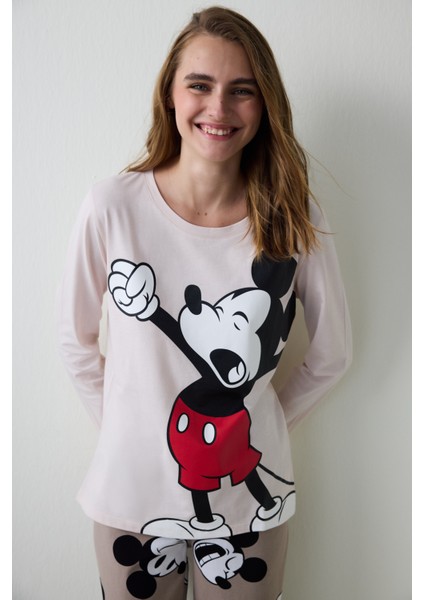 Bej Mickey Mouse Baskılı Bisiklet Yaka Pamuklu Uzun Kollu Pijama Takımı fiyatları