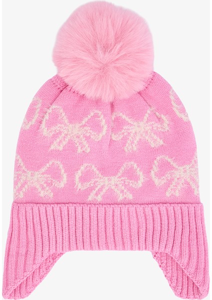 Pembe Kız Çocuk Çizgili Fiyonklu Bere