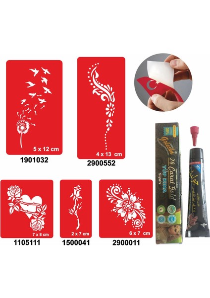 Tüy ve Çiçek Desenleri Hint Kınası ile Geçici Dövme Yapma Seti